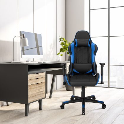 Costway Gaming Stuhl Racing Style Drehstuhl mit Kopfstütze & Lendenkisse 90°-160° Verstellbarer Neigungswinkel Blau