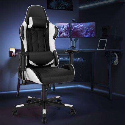 Costway Gaming Stuhl Racing Style Drehstuhl mit Kopfstütze & Lendenkisse 90°-160° Verstellbarer Neigungswinkel Weiß