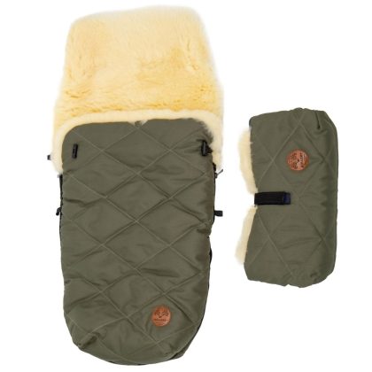 Kinderwagen Fußsack & Handwärmer Set aus Merino Lammfell Grün
