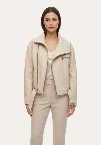 Lederjacke im Biker Stil – Geschmeidige Qualität in Beige Größe: M
